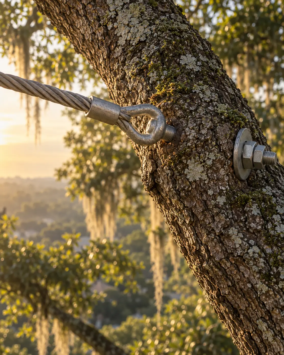A rigid steel cable fixed with an eye-bolt through an oak limb