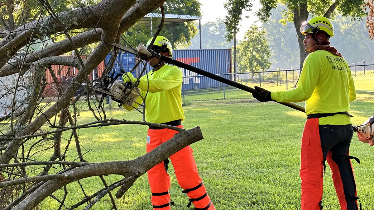 Two Apex crew members in full protective gear cutting a fallen limb