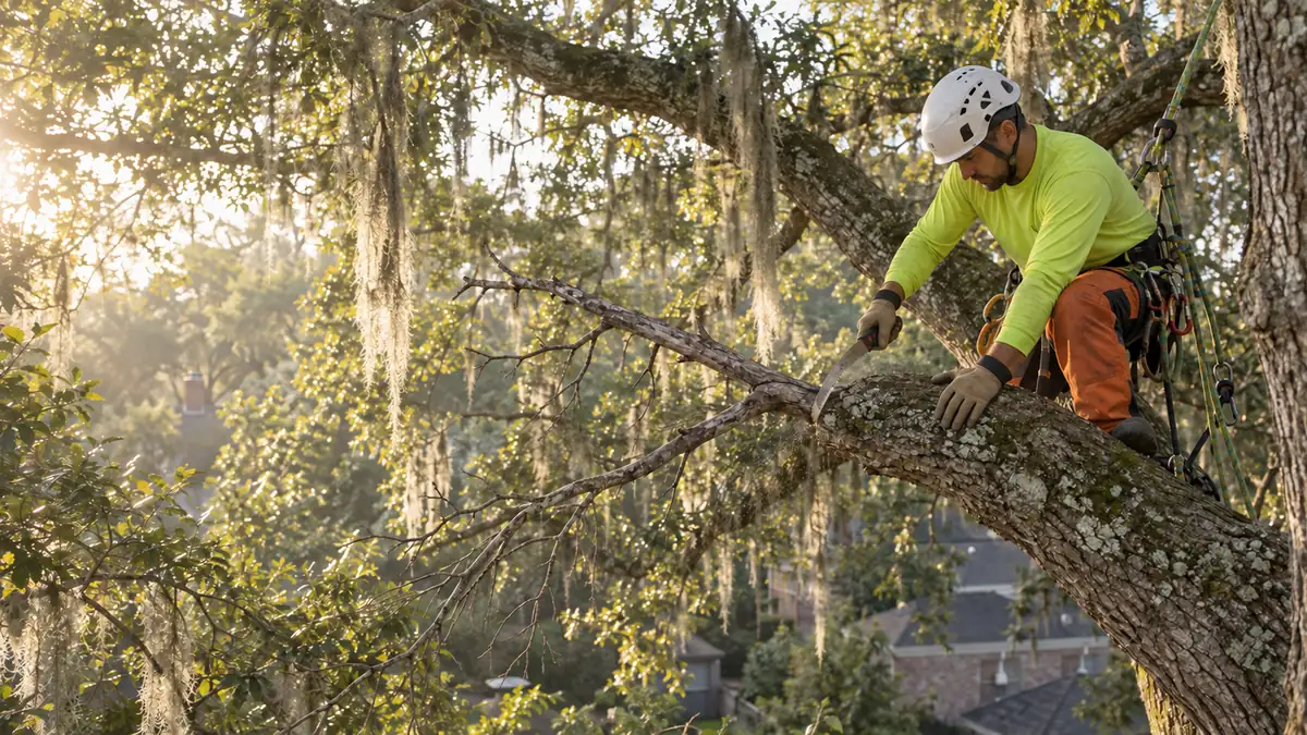 An Apex arborist tied in inside a live oak canopy, cutting a dead limb with a hand saw