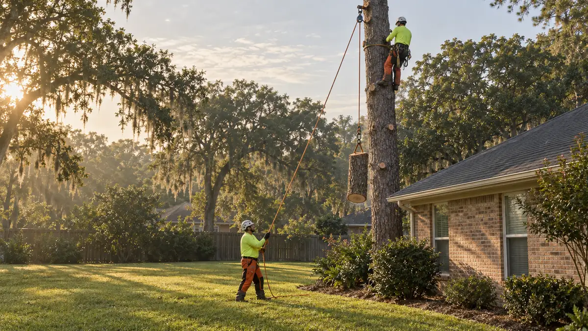 An Apex arborist lowers a cut section of pine past a roofline while a second crew member controls the rope